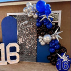 FEYG Blue and Black Balloons – 50pcs 12in Royal Blue, Black & Silver Confetti with Ribbon