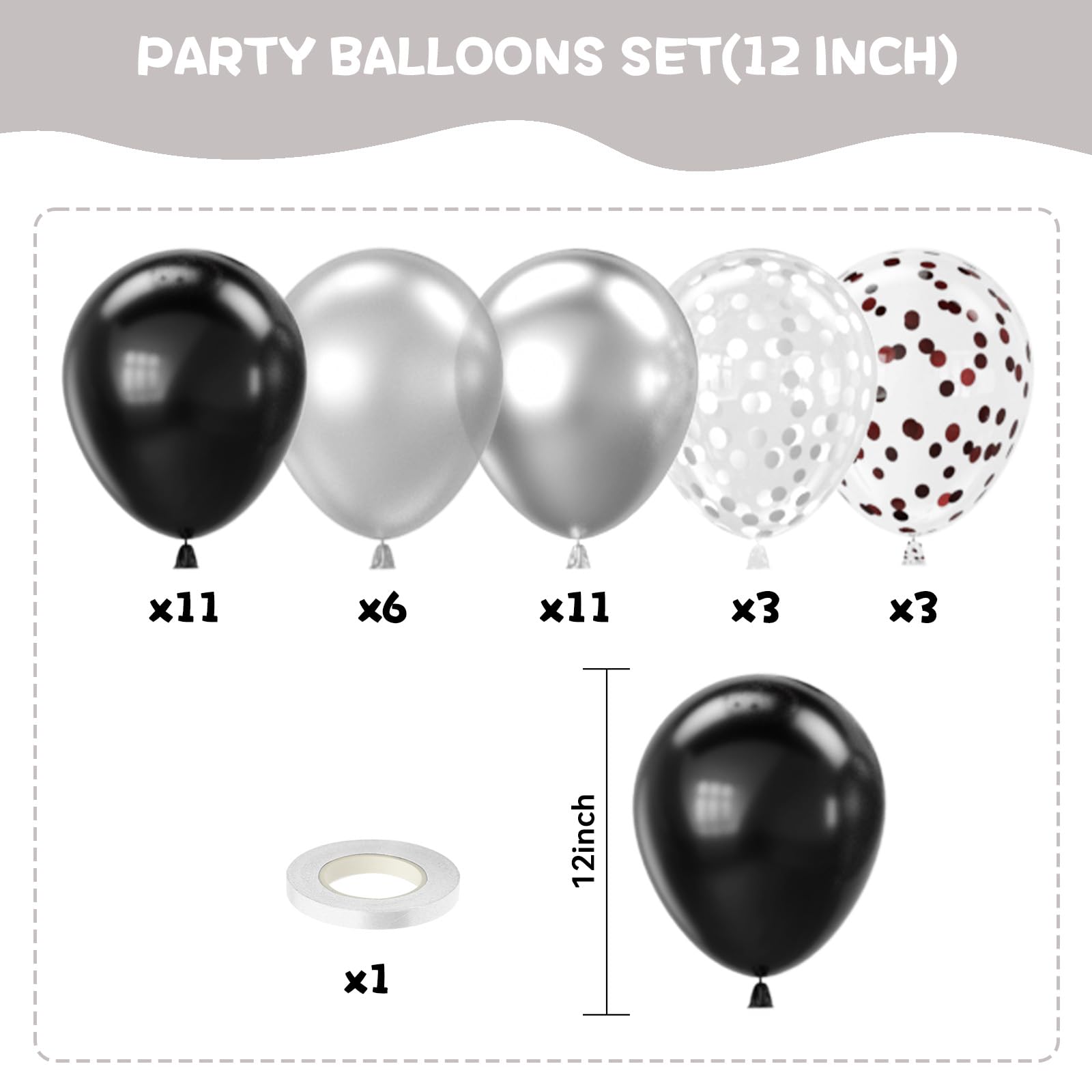 FEYG Black and Silver Balloons 12 Inch – 30pcs Metallic Confetti for Graduation and Birthday Parties
