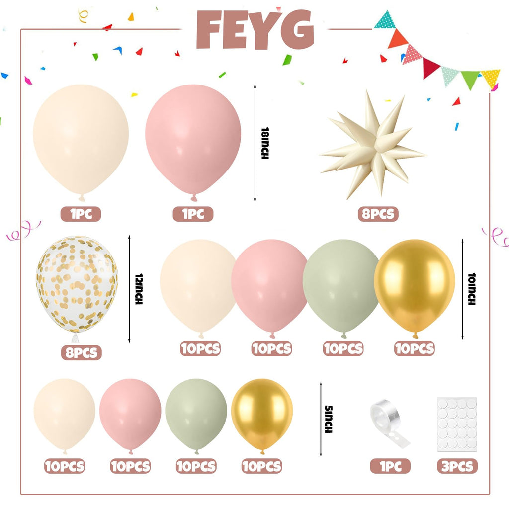 FEYG Sage Green Pink Balloon Arch Kit – Gold Confetti & Star Balloons for Safari, Bridal Showers, Birthday Parties