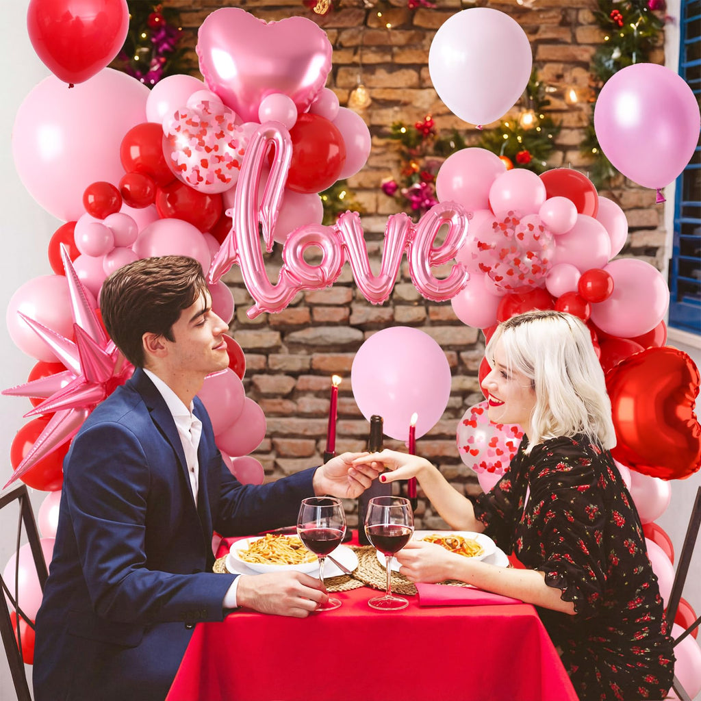 FEYG Valentine's Day Balloon Arch Kit – 121 Pcs Red & Pink Garland with Heart and Star Foil Balloons