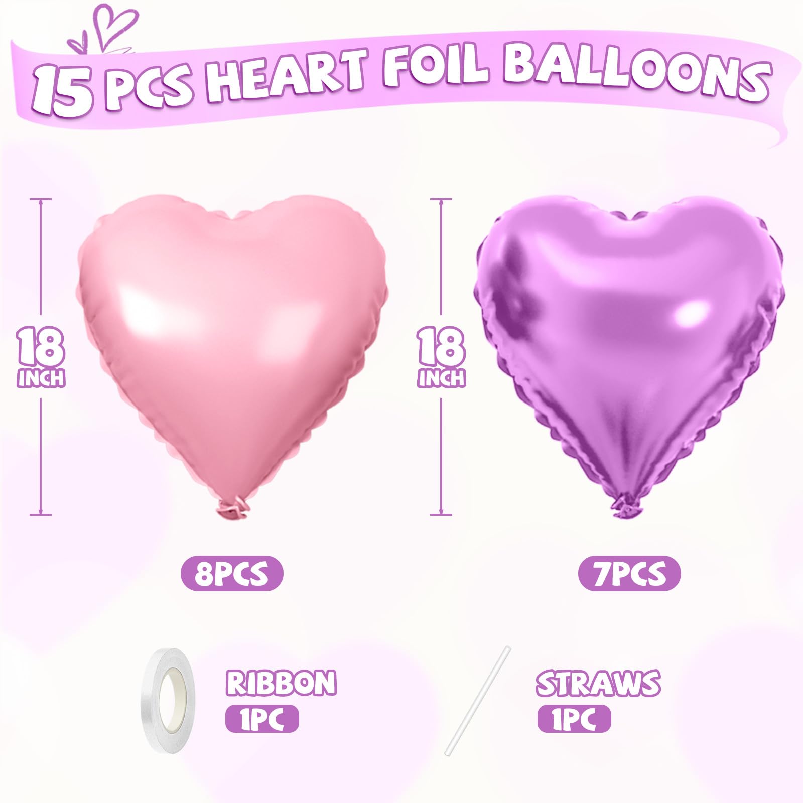 FEYG Pink Purple Heart Foil Balloons – 15 Pack, 18-Inch Heart Decor for Valentine’s Day, Weddings & Parties