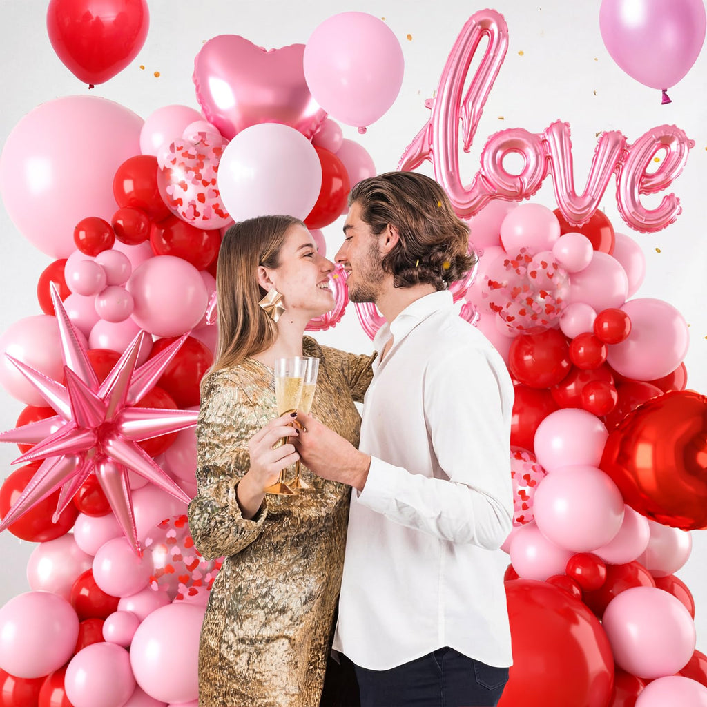 FEYG Valentine's Day Balloon Arch Kit – 121 Pcs Red & Pink Garland with Heart and Star Foil Balloons