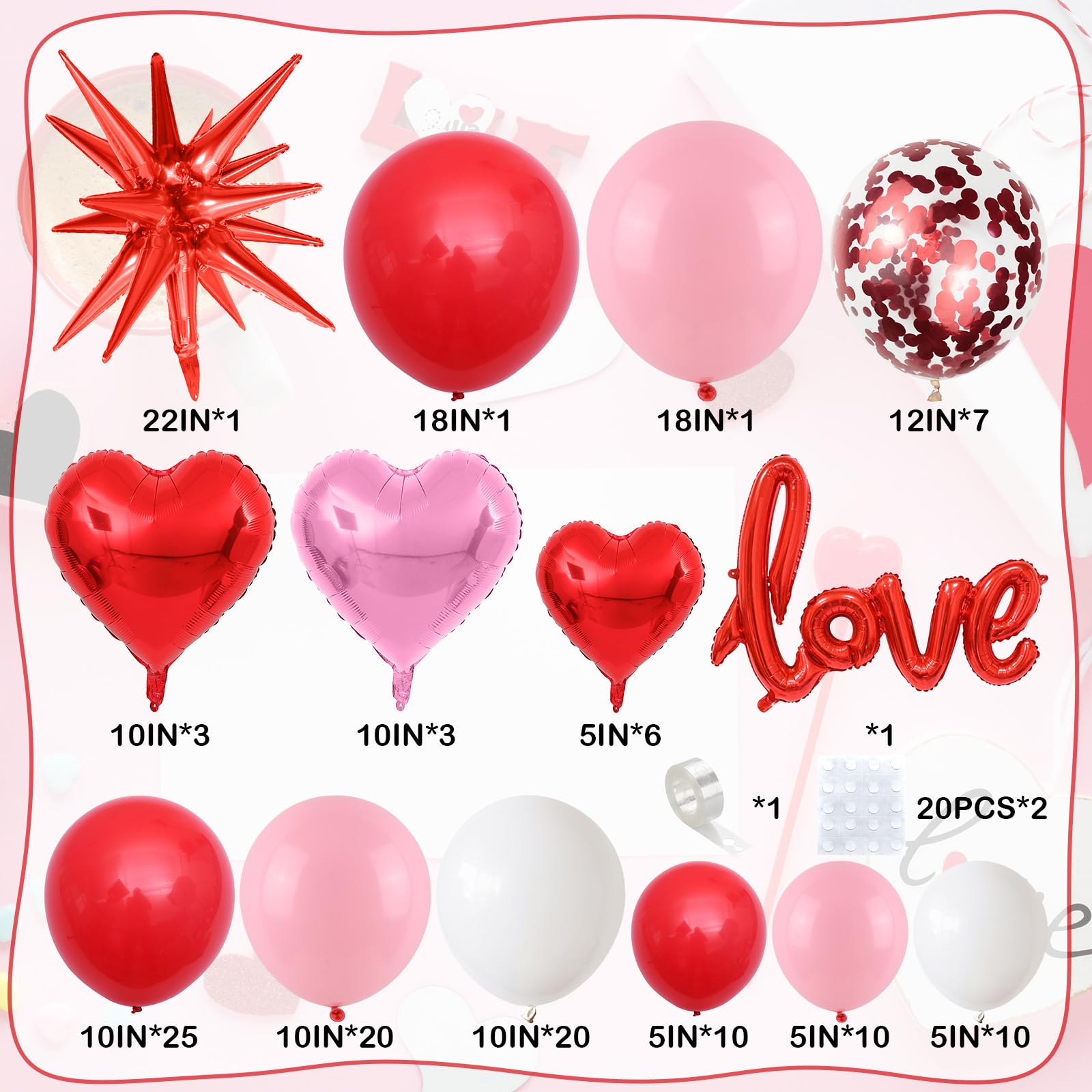 FEYG Valentines Day Balloon Arch Kit | 121 Pcs Red Pink White Garland with Heart & Love Foil Balloons