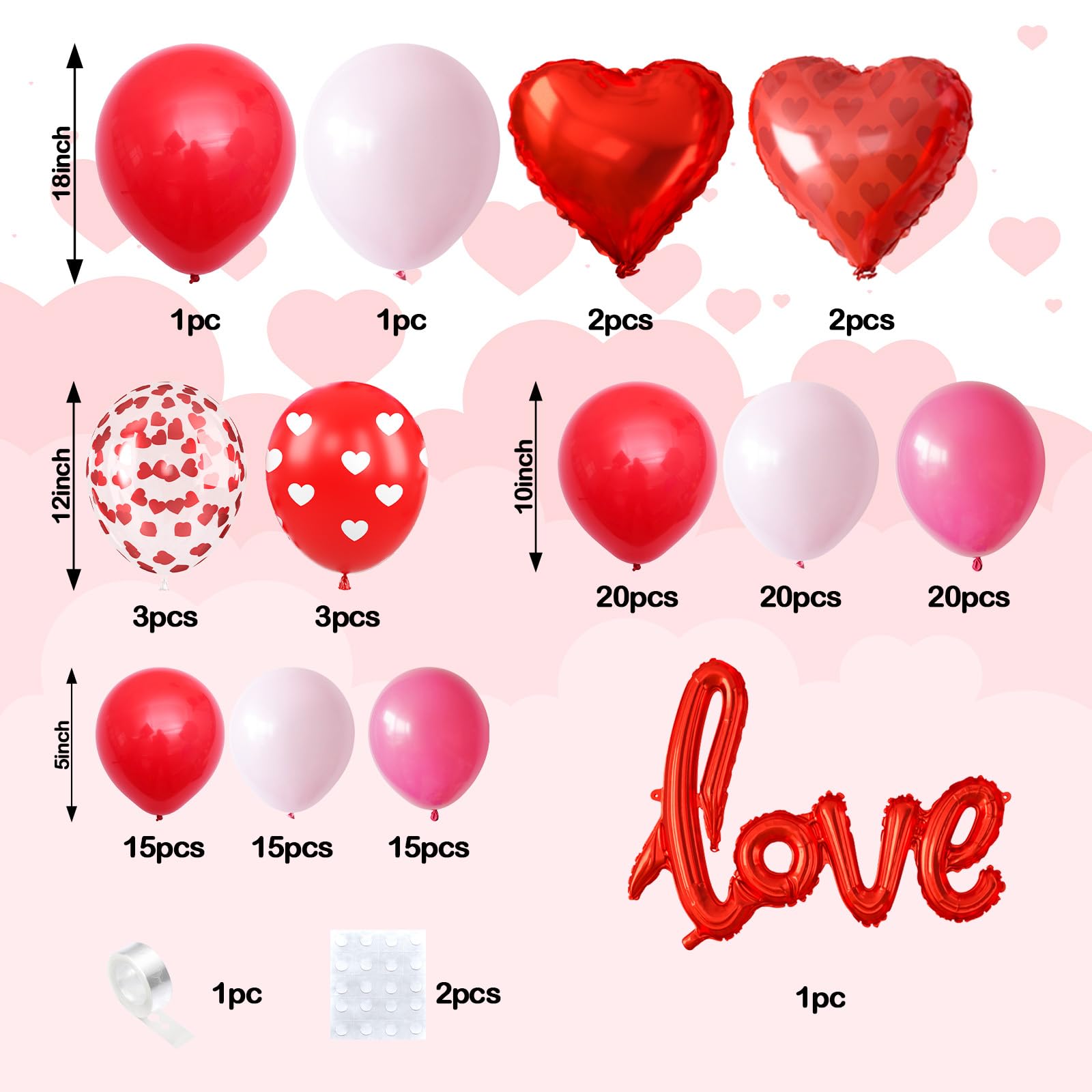 FEYG Valentine's Day Balloon Arch Kit – 121 PCS Hot Pink & Red Balloons + Love Letters