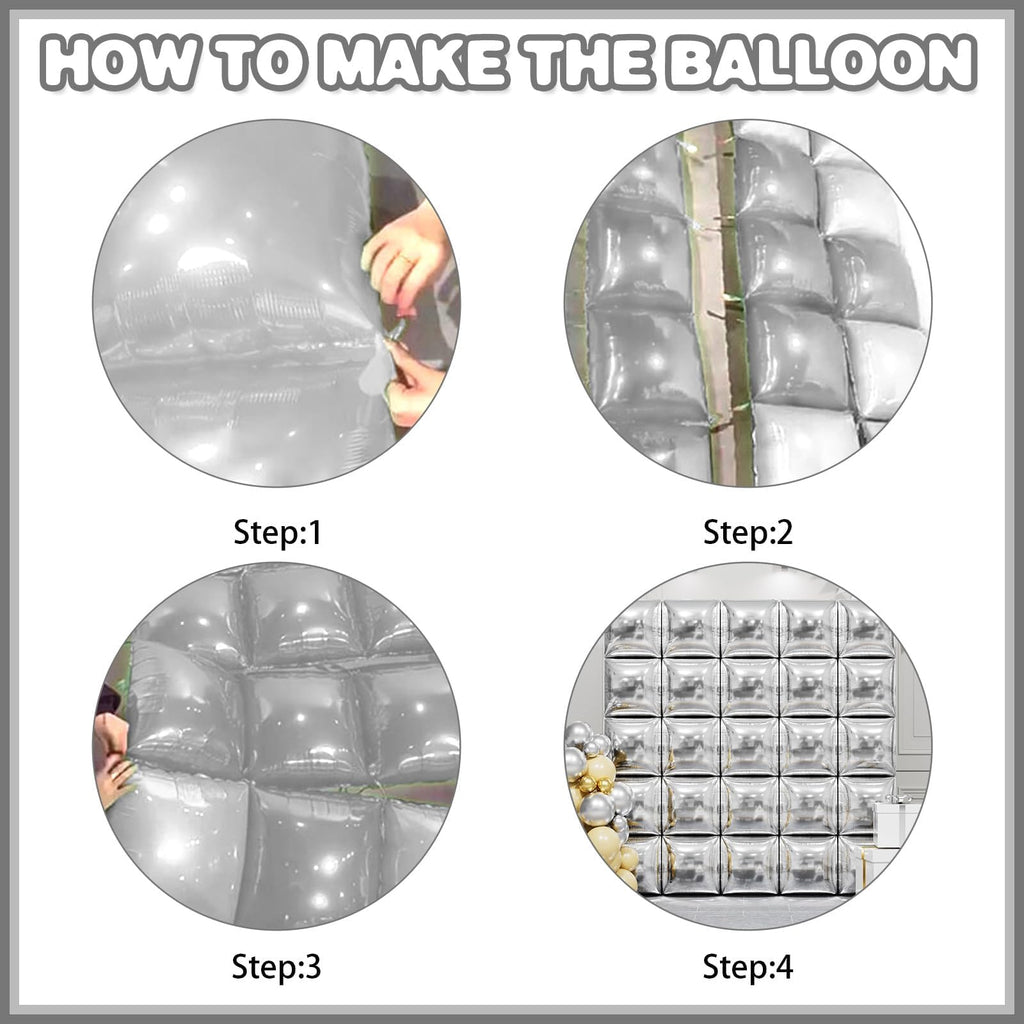 FEYG Metallic Silver Double-Sided Square Foil Balloons Wall Kit – 25x19in Backdrop for Weddings, Parties, and Celebrations