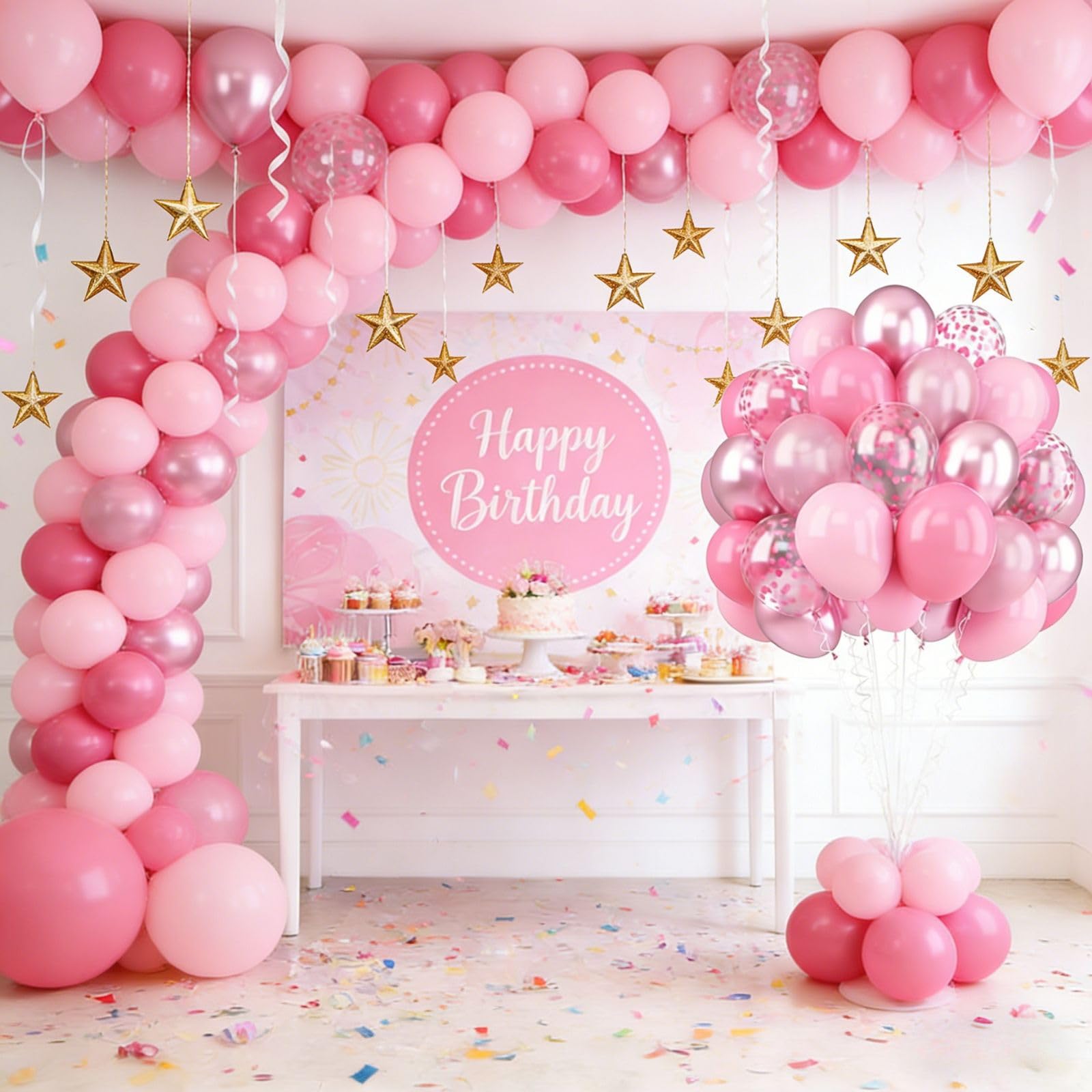 FEYG Metallic Chrome Pink 52 PCS 12 Inch Latex Balloons with Pink Confetti – Cherry Blossom, Pearl, Maca