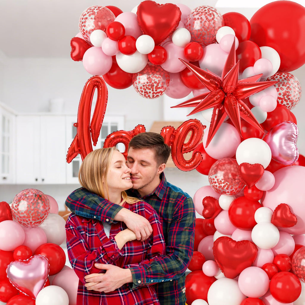FEYG Valentines Day Balloon Arch Kit | 121 Pcs Red Pink White Garland with Heart & Love Foil Balloons