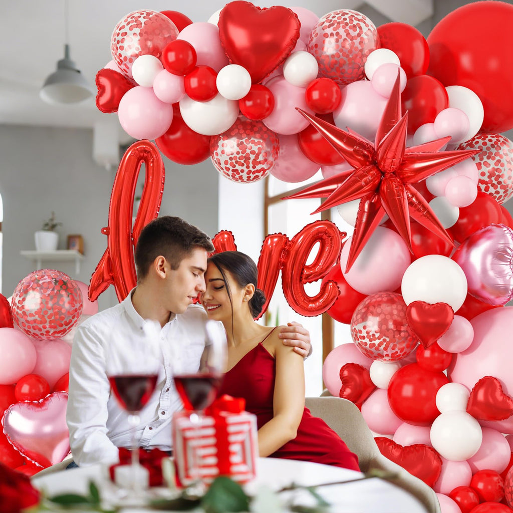 FEYG Valentines Day Balloon Arch Kit | 121 Pcs Red Pink White Garland with Heart & Love Foil Balloons