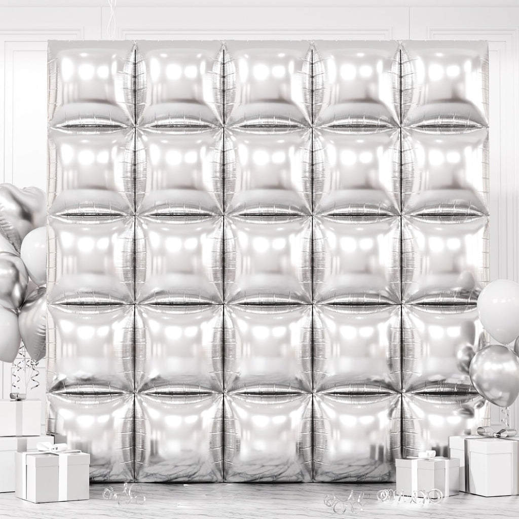 FEYG Metallic Silver Double-Sided Square Foil Balloons Wall Kit – 25x19in Backdrop for Weddings, Parties, and Celebrations