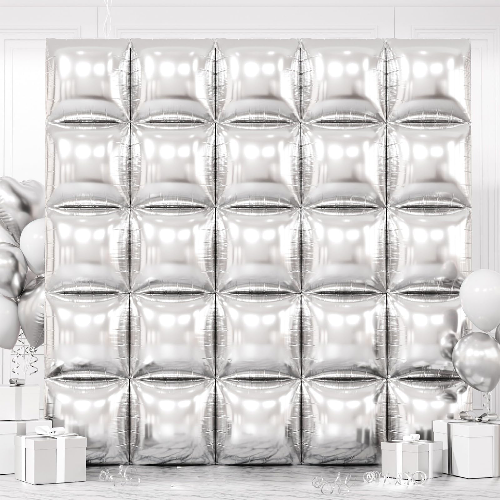 FEYG Metallic Silver Double-Sided Square Foil Balloons Wall Kit – 25x19in Backdrop for Weddings, Parties, and Celebrations