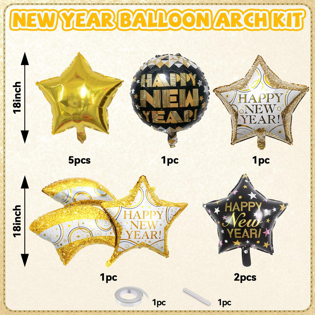 FEYG 18-Inch Black and Gold Happy New Year Balloons – Large Foil Balloons for 2026 Eve Party Decor