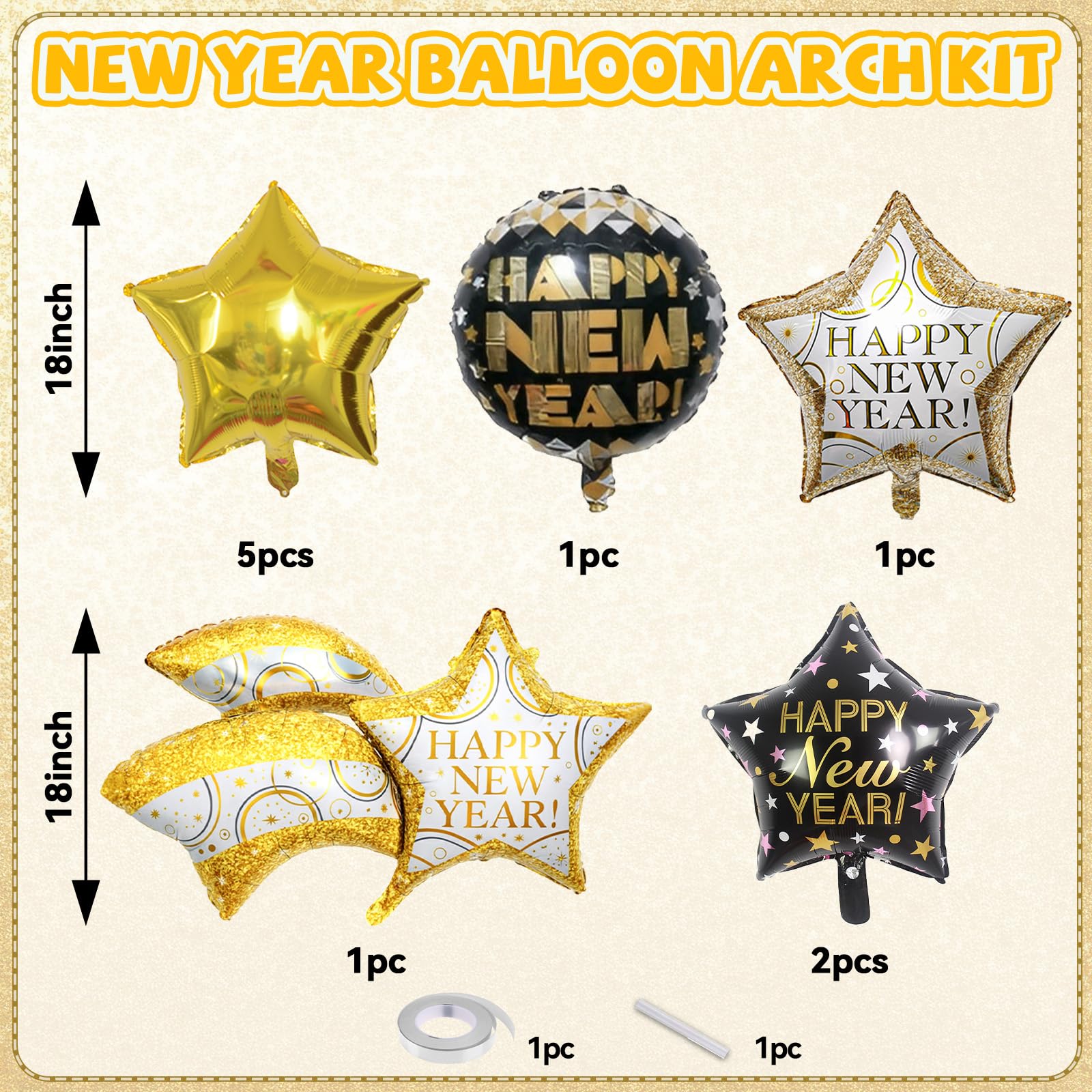 FEYG 18-Inch Black and Gold Happy New Year Balloons – Large Foil Balloons for 2026 Eve Party Decor
