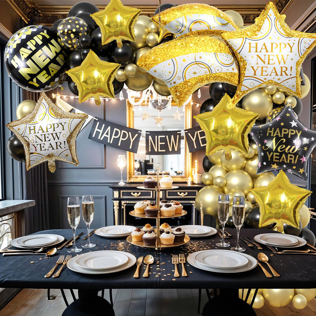 FEYG 18-Inch Black and Gold Happy New Year Balloons – Large Foil Balloons for 2026 Eve Party Decor