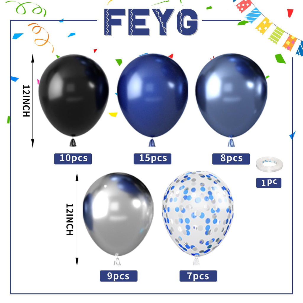 FEYG Blue and Black Balloons – 50pcs 12in Royal Blue, Black & Silver Confetti with Ribbon
