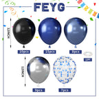 FEYG Blue and Black Balloons – 50pcs 12in Royal Blue, Black & Silver Confetti with Ribbon