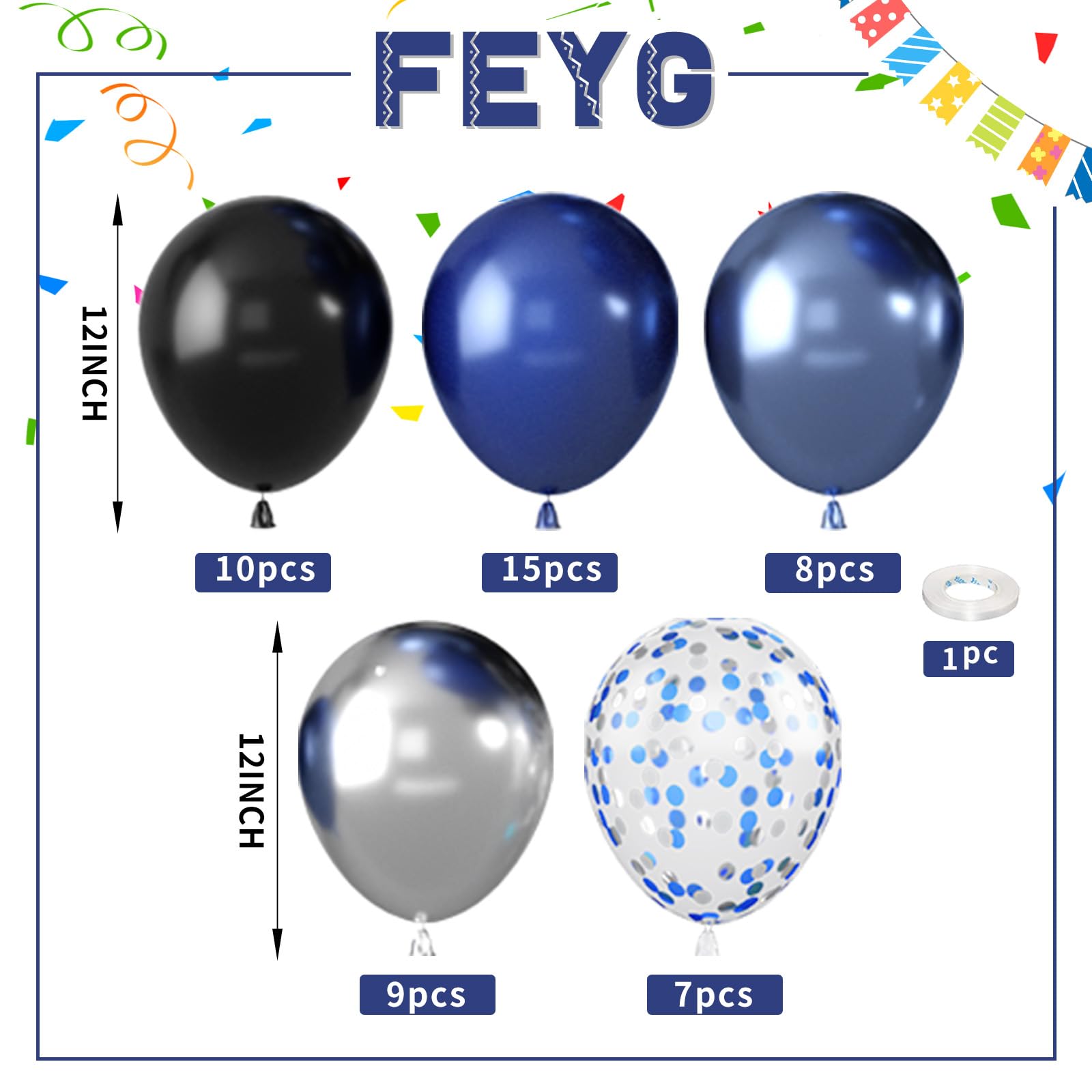 FEYG Blue and Black Balloons – 50pcs 12in Royal Blue, Black & Silver Confetti with Ribbon