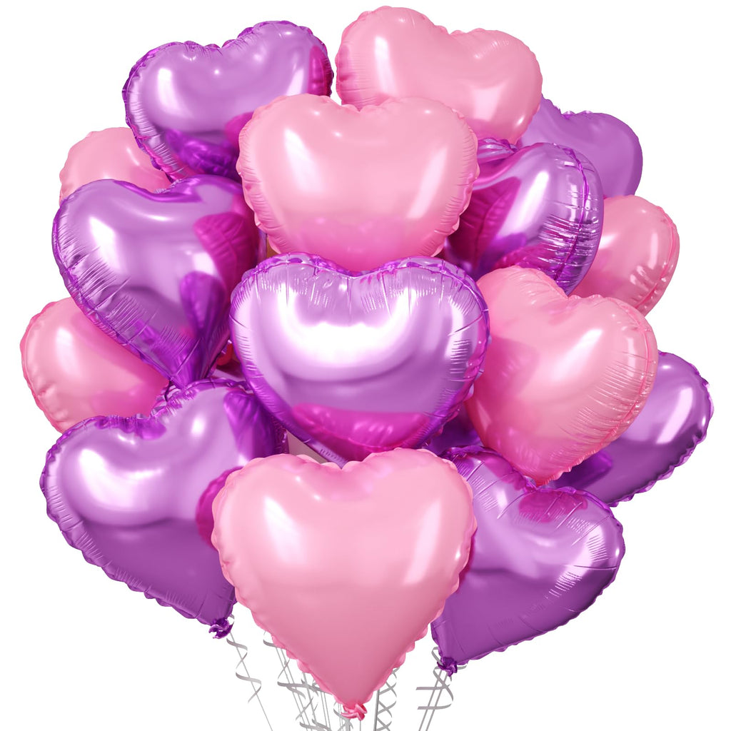 FEYG Pink Purple Heart Foil Balloons – 15 Pack, 18-Inch Heart Decor for Valentine’s Day, Weddings & Parties