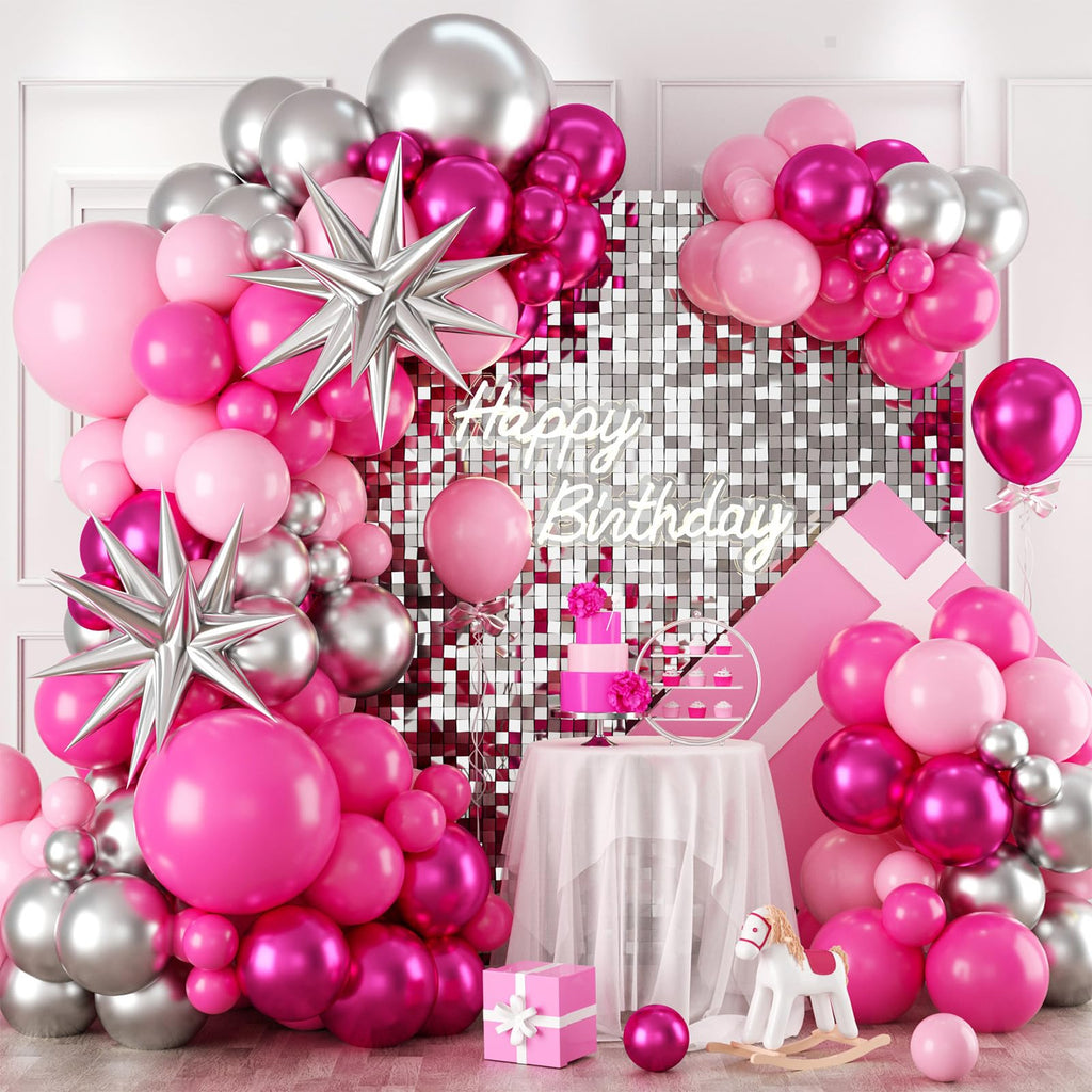 FEYG Pink & Silver Balloon Arch Kit – 120pcs Pastel Pink, Hot Pink & Silver 4D Star Balloons