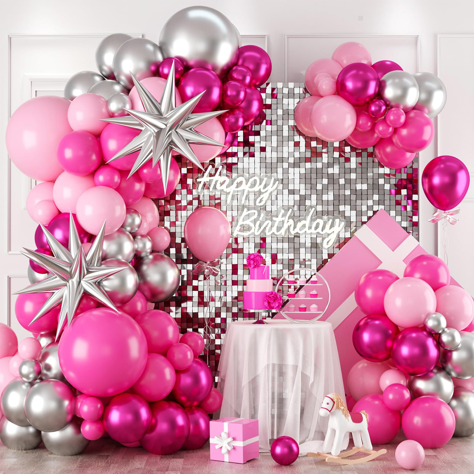 FEYG Pink & Silver Balloon Arch Kit – 120pcs Pastel Pink, Hot Pink & Silver 4D Star Balloons