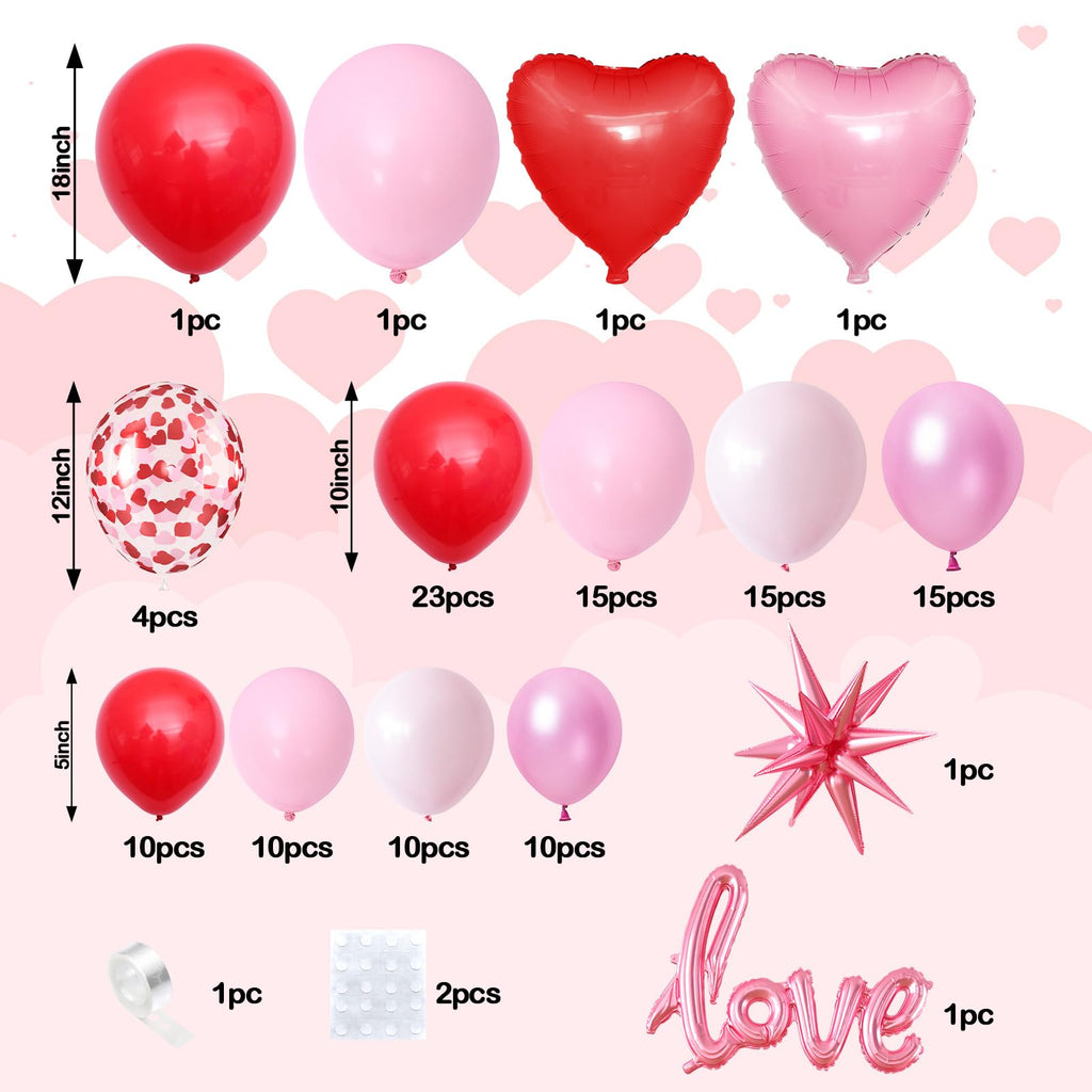 FEYG Valentine's Day Balloon Arch Kit – 121 Pcs Red & Pink Garland with Heart and Star Foil Balloons