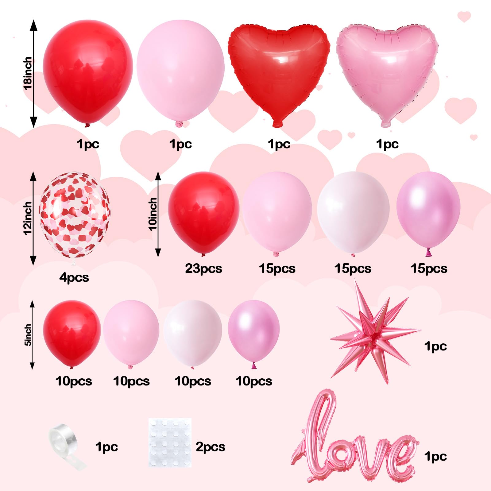 FEYG Valentine's Day Balloon Arch Kit – 121 Pcs Red & Pink Garland with Heart and Star Foil Balloons
