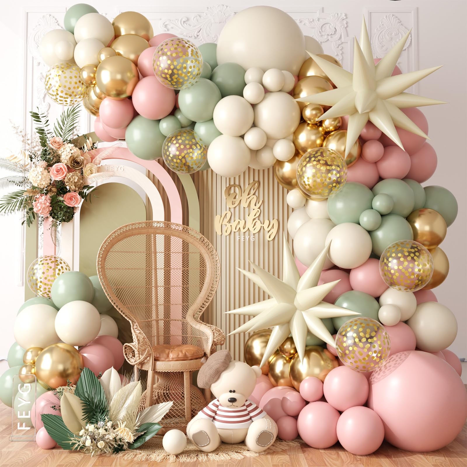 FEYG Sage Green Pink Balloon Arch Kit – Gold Confetti & Star Balloons for Safari, Bridal Showers, Birthday Parties