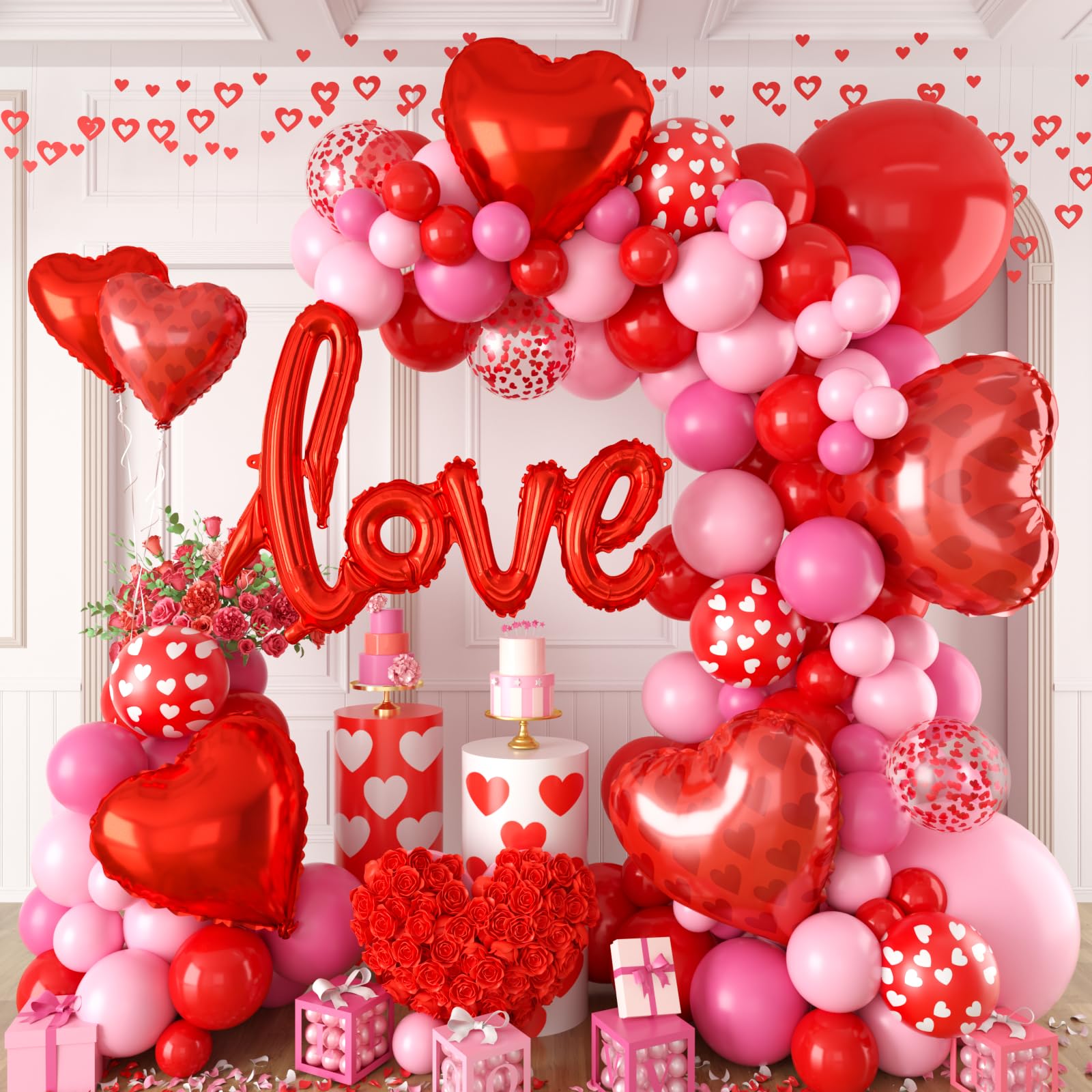 FEYG Valentine's Day Balloon Arch Kit – 121 PCS Hot Pink & Red Balloons + Love Letters