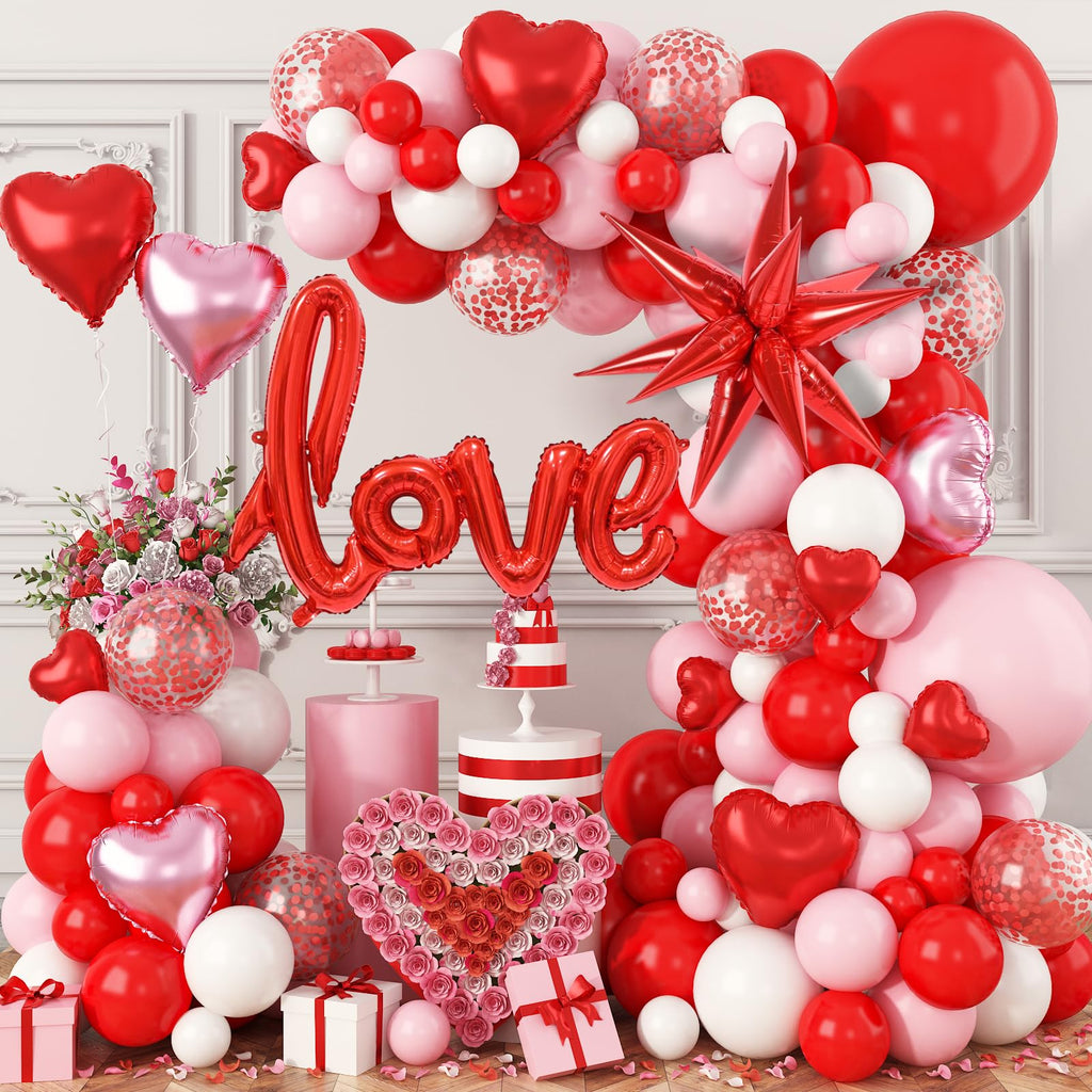 FEYG Valentines Day Balloon Arch Kit | 121 Pcs Red Pink White Garland with Heart & Love Foil Balloons