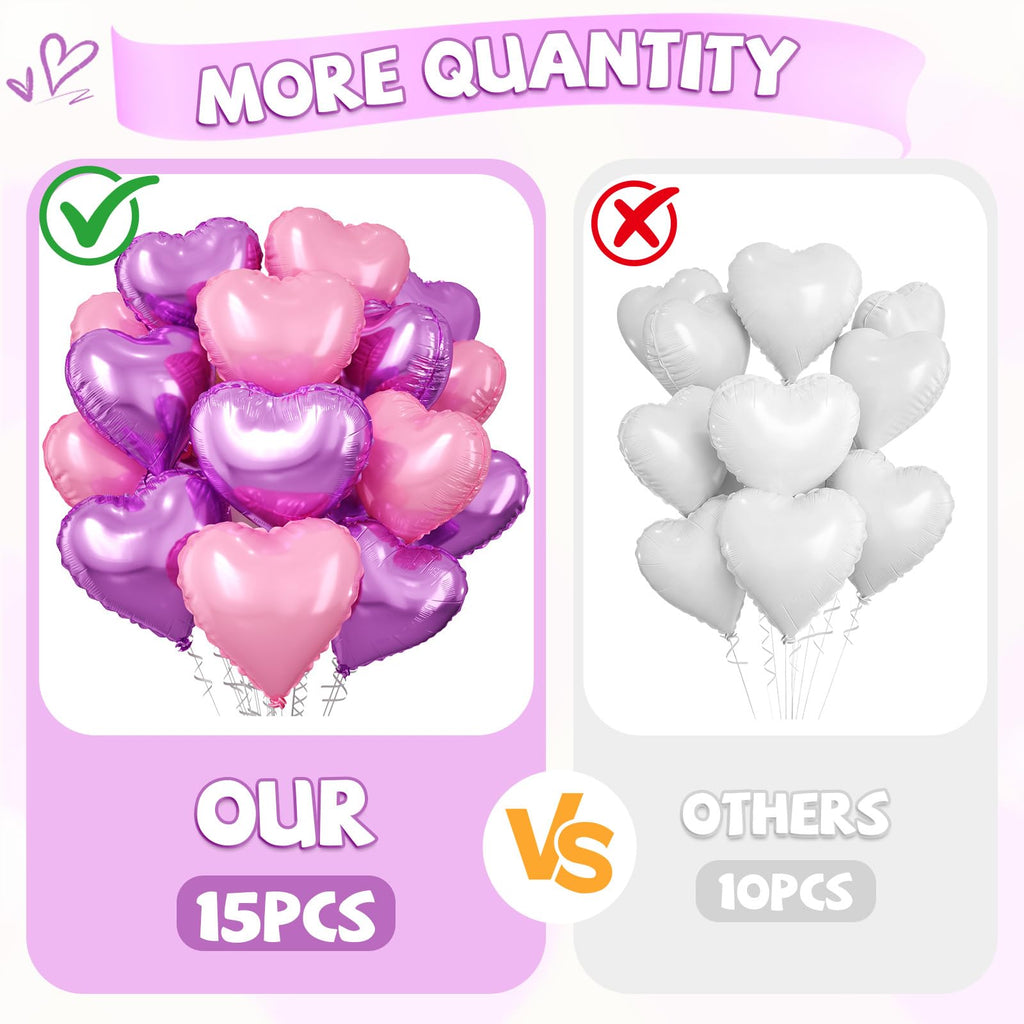 FEYG Pink Purple Heart Foil Balloons – 15 Pack, 18-Inch Heart Decor for Valentine’s Day, Weddings & Parties
