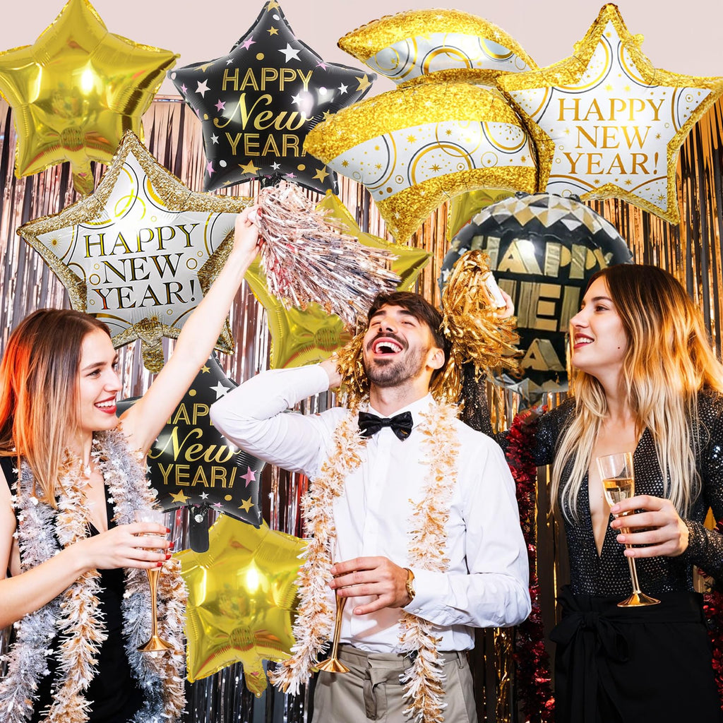 FEYG 18-Inch Black and Gold Happy New Year Balloons – Large Foil Balloons for 2026 Eve Party Decor