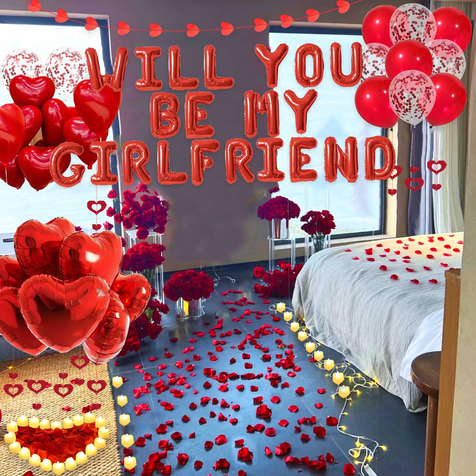 Fezava Red Will You Be My Girlfriend Balloons Pack – 2000 Rose Petals, 48 LED Tealights, 21 Letter Balloons, 18 Heart & Latex Balloons