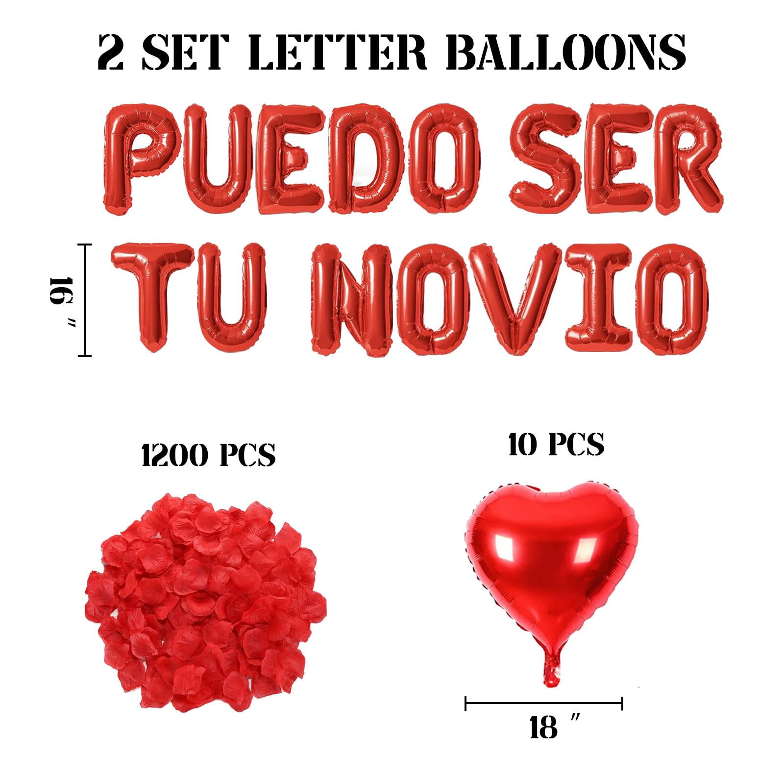 Fezava 2-set red PUEDO SER TU NOVIO balloons + 1200 rose petals | 16-inch letters & 18-inch hearts