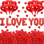 Fezava 2 Set Red I LOVE YOU Balloons – 16" Letter Balloons + 18" Heart Balloons + 1200 Rose Petals for Valentine’s Day Decor