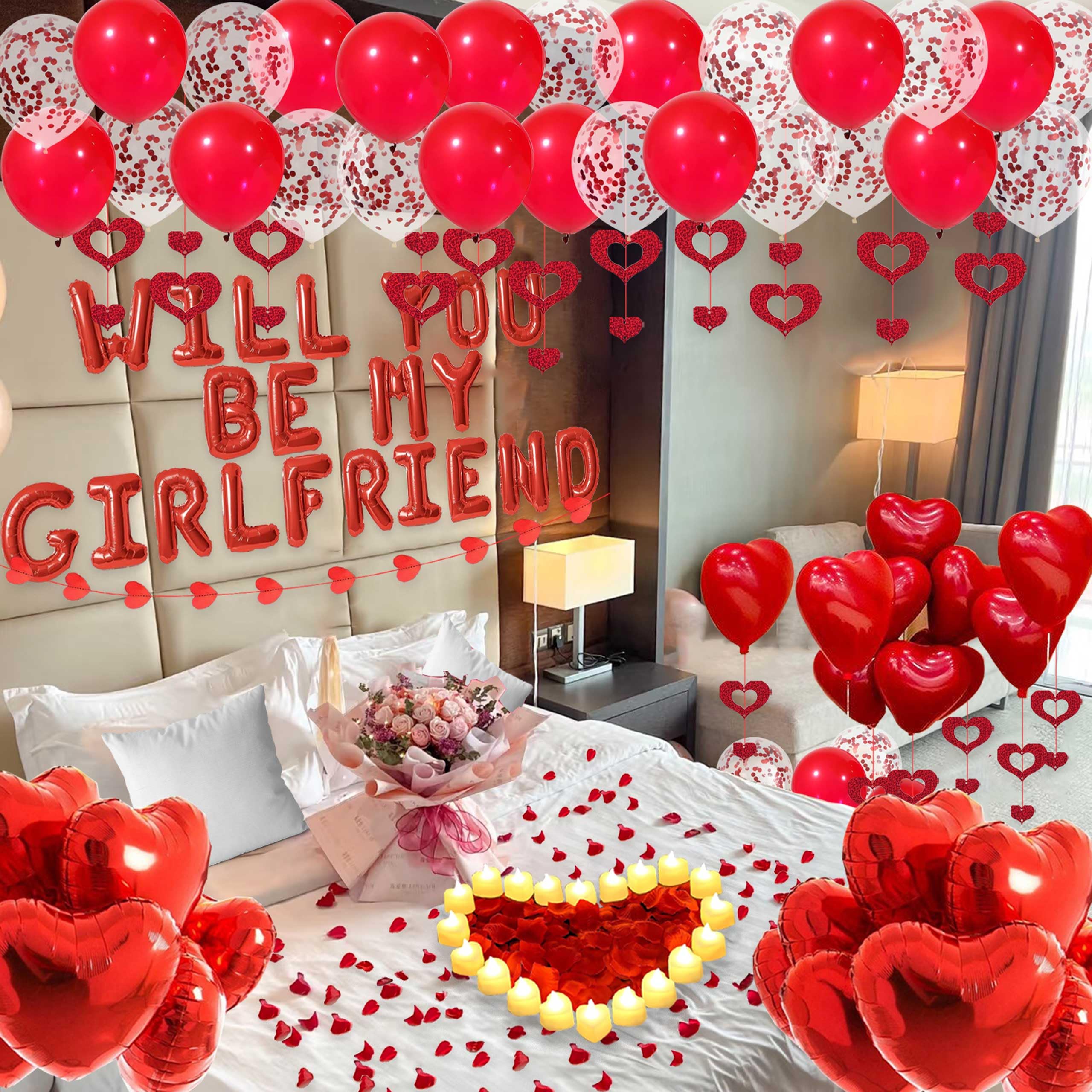 Fezava Red Will You Be My Girlfriend Balloons Pack – 2000 Rose Petals, 48 LED Tealights, 21 Letter Balloons, 18 Heart & Latex Balloons