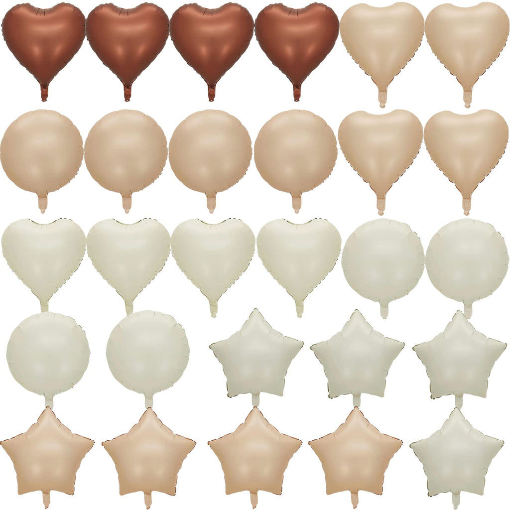 Fezava 28Pcs 18in White Sand Balloons – Neutral Caramel Beige Brown Heart, Star, and Round Balloons for Weddings, Baby Showers, and Parties