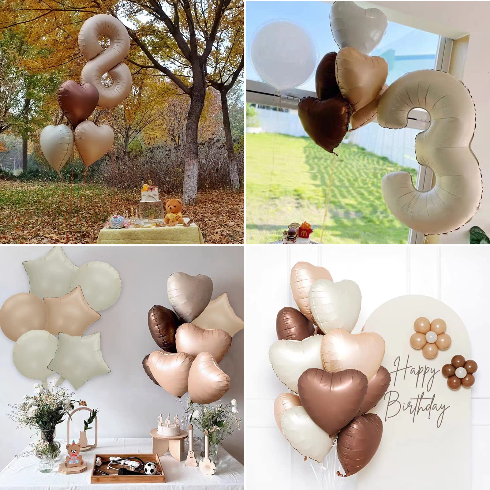 Fezava 28Pcs 18in White Sand Balloons – Neutral Caramel Beige Brown Heart, Star, and Round Balloons for Weddings, Baby Showers, and Parties