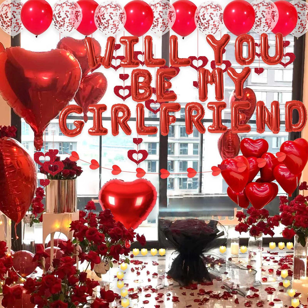Fezava Red Will You Be My Girlfriend Balloons Pack – 2000 Rose Petals, 48 LED Tealights, 21 Letter Balloons, 18 Heart & Latex Balloons