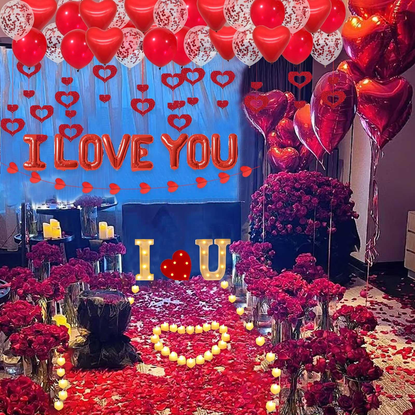 Fezava I LOVE YOU Light Up Letter Sign Decor – 2-Set Red Balloons & Party Kit