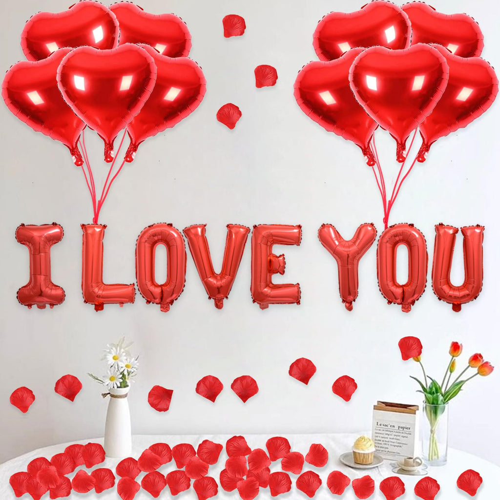 Fezava 2 Set Red I LOVE YOU Balloons – 16" Letter Balloons + 18" Heart Balloons + 1200 Rose Petals for Valentine’s Day Decor