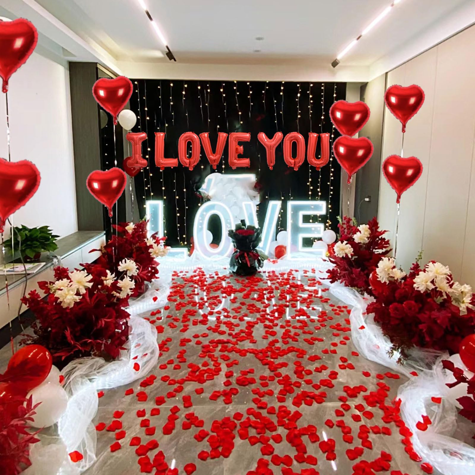 Fezava 2 Set Red I LOVE YOU Balloons – 16" Letter Balloons + 18" Heart Balloons + 1200 Rose Petals for Valentine’s Day Decor