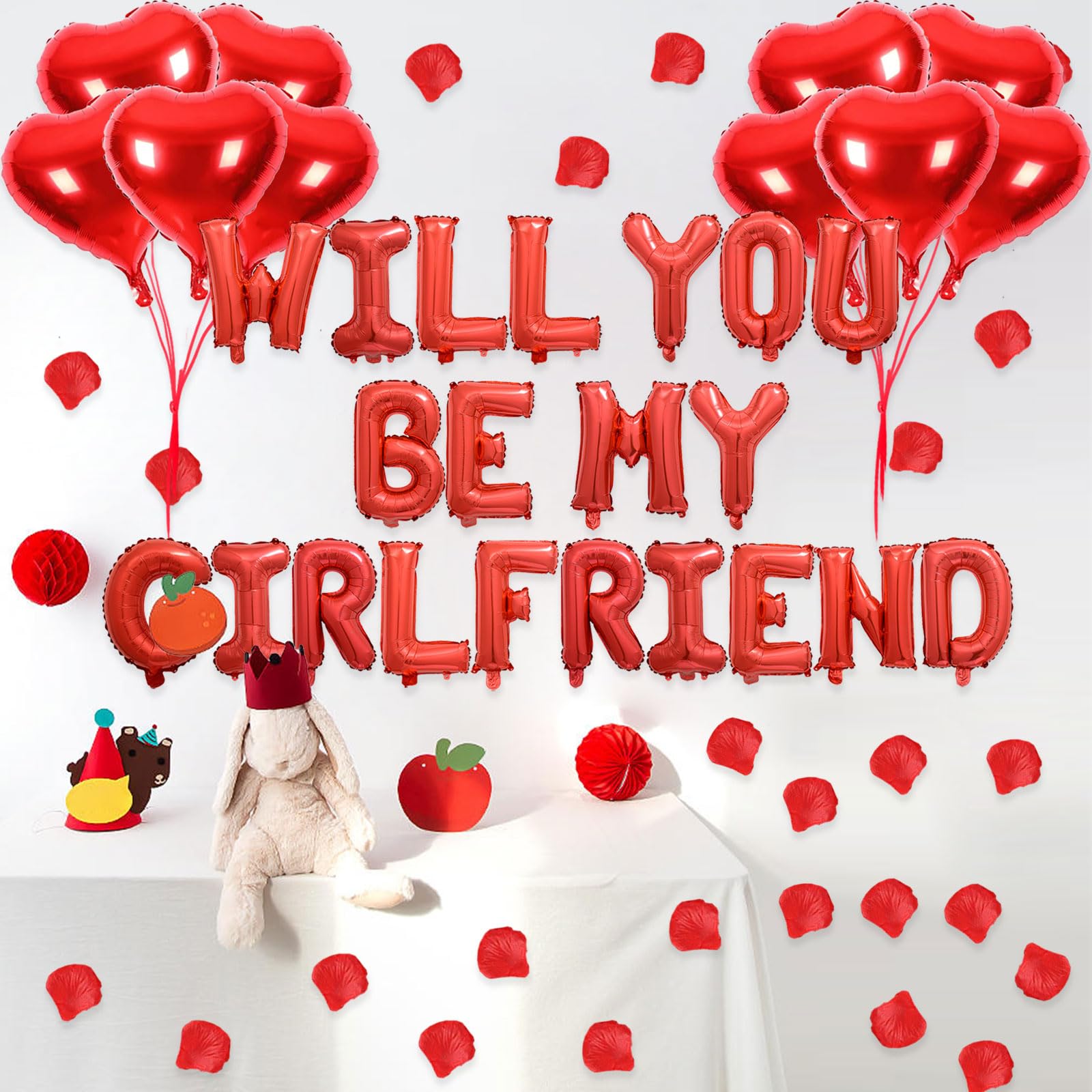 Fezava 2-Set Red Will You Be My Girlfriend Balloons - 42pcs 16inch Letters + 1200 Rose Petals + 10 Heart Balloons for Valentines Day