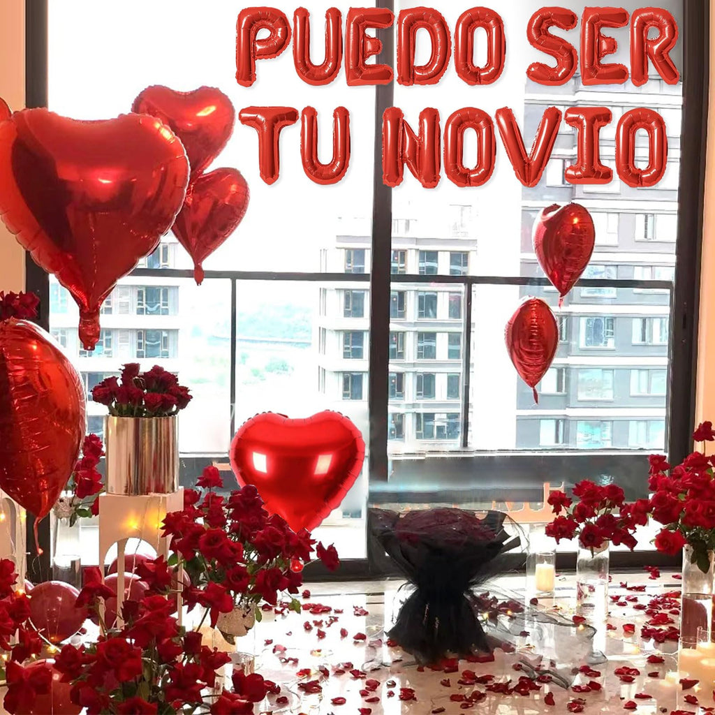 Fezava 2-set red PUEDO SER TU NOVIO balloons + 1200 rose petals | 16-inch letters & 18-inch hearts