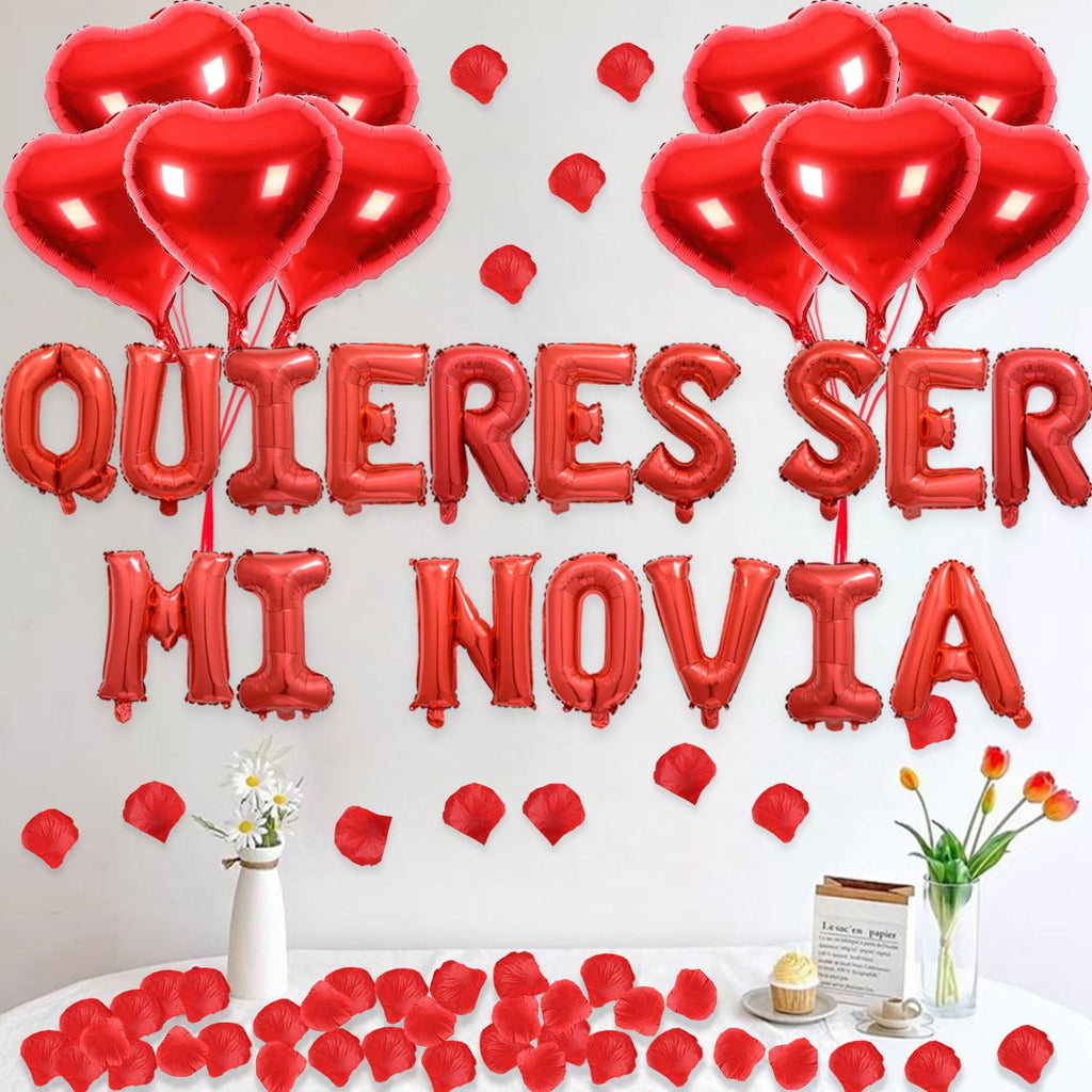 Fezava 2-Set Red QUIERES SER MI NOVIA Balloons + 1200 Rose Petals: 34 Letters + 10 Hearts