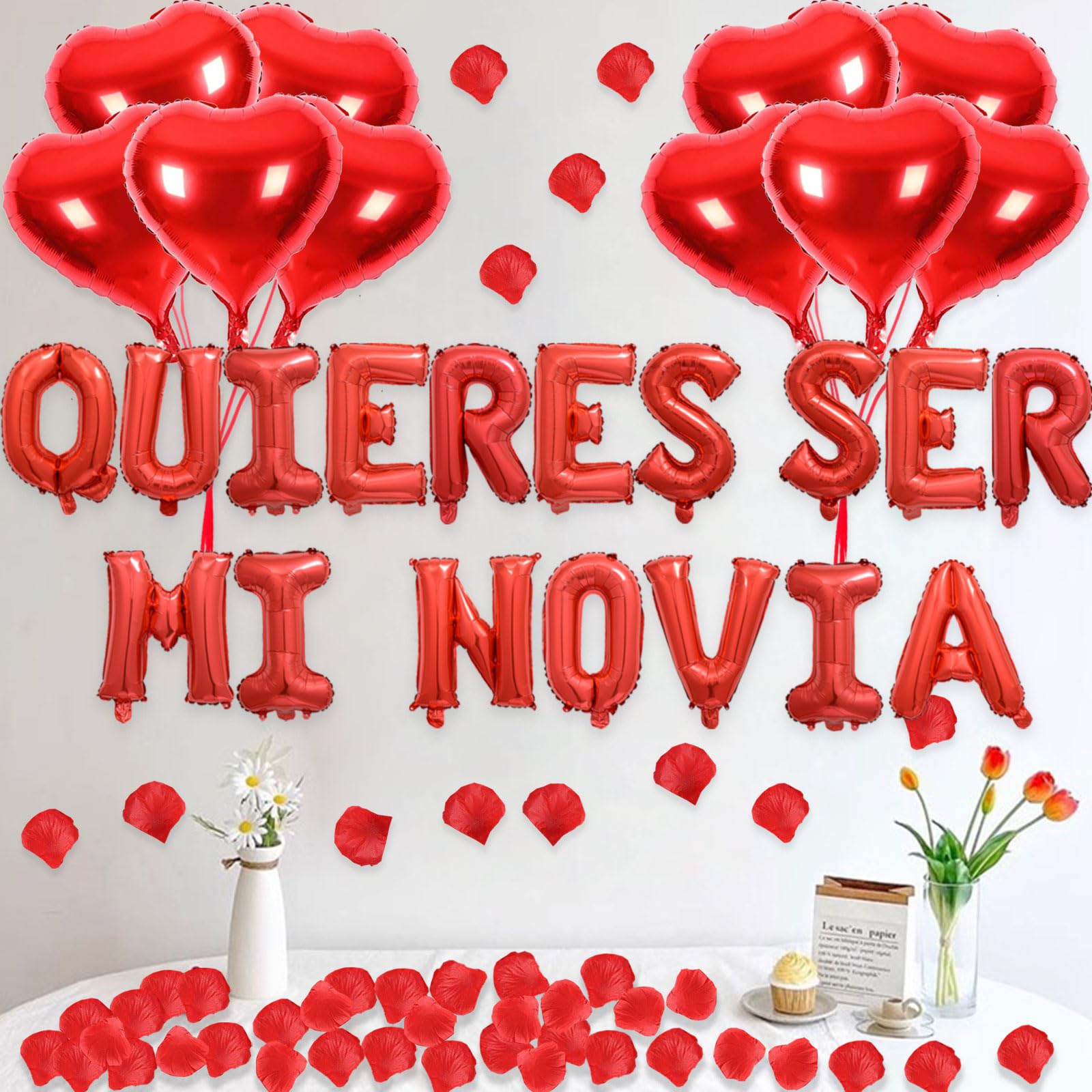 Fezava 2-Set Red QUIERES SER MI NOVIA Balloons + 1200 Rose Petals: 34 Letters + 10 Hearts