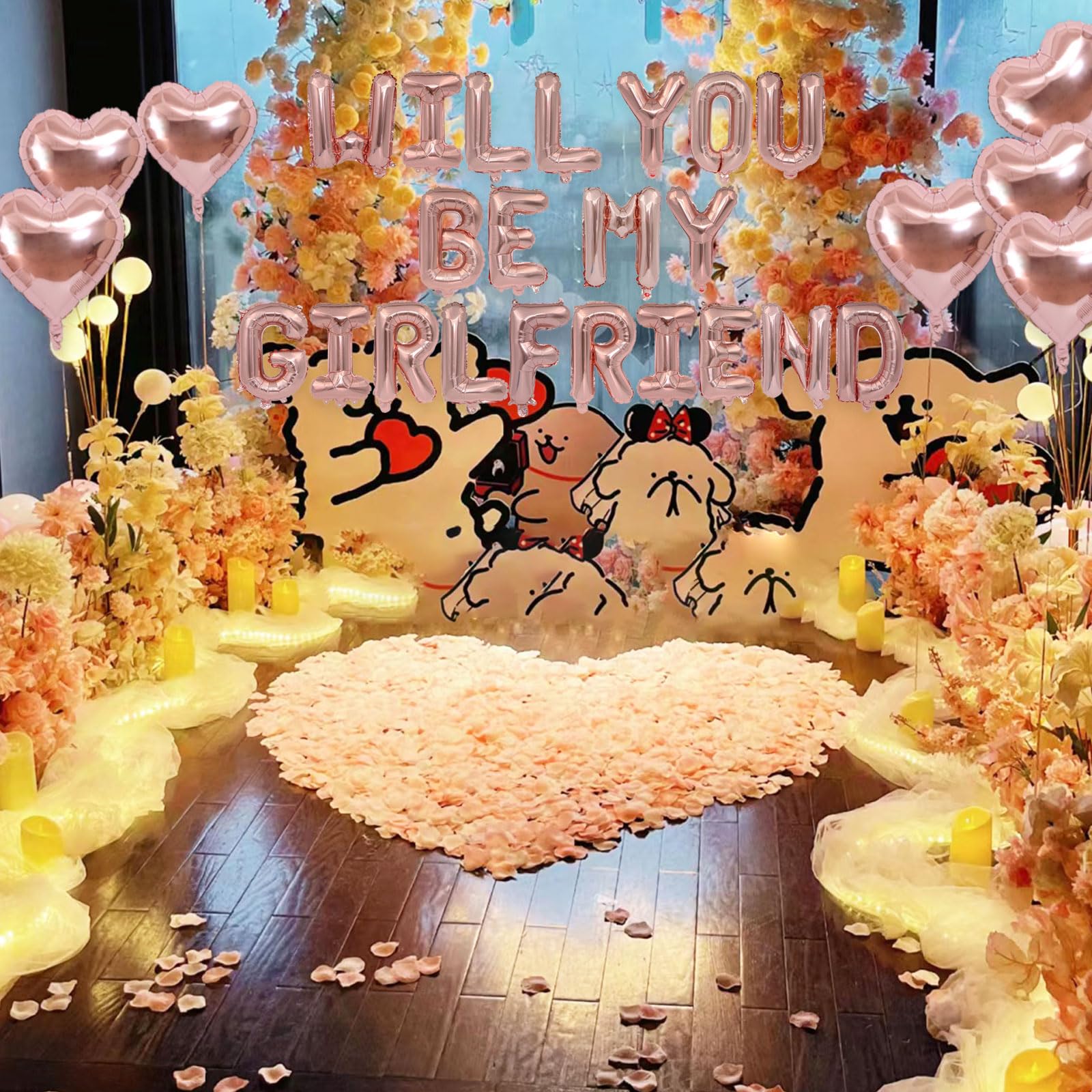 Fezava Rose Gold Will You Be My Girlfriend Balloons – 2 Set, 42pcs 16in Letter Balloons, 10pcs 18in Heart Balloons, 1200 Pink Rose Petals | Valentines Day Decorations