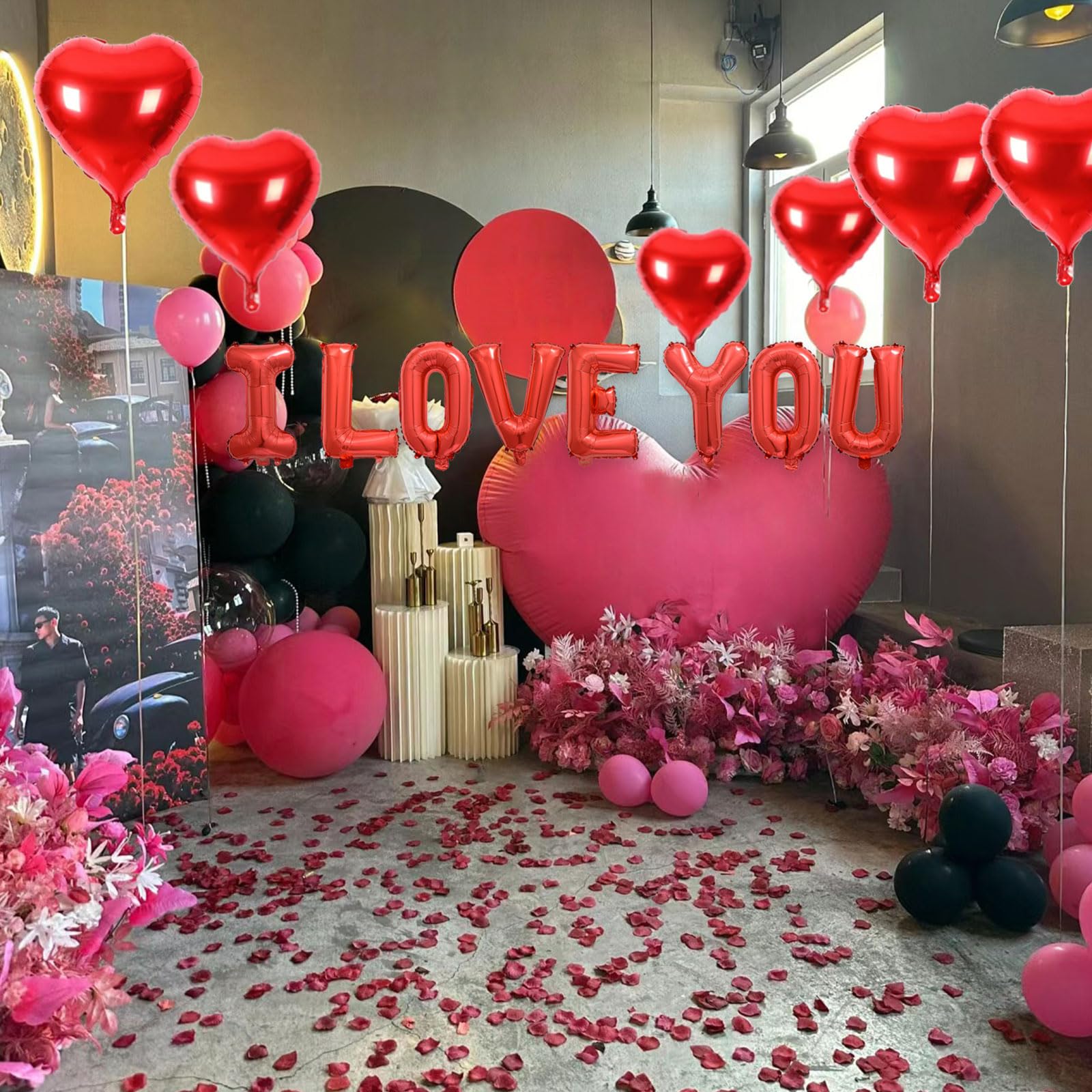 Fezava 2 Set Red I LOVE YOU Balloons – 16" Letter Balloons + 18" Heart Balloons + 1200 Rose Petals for Valentine’s Day Decor