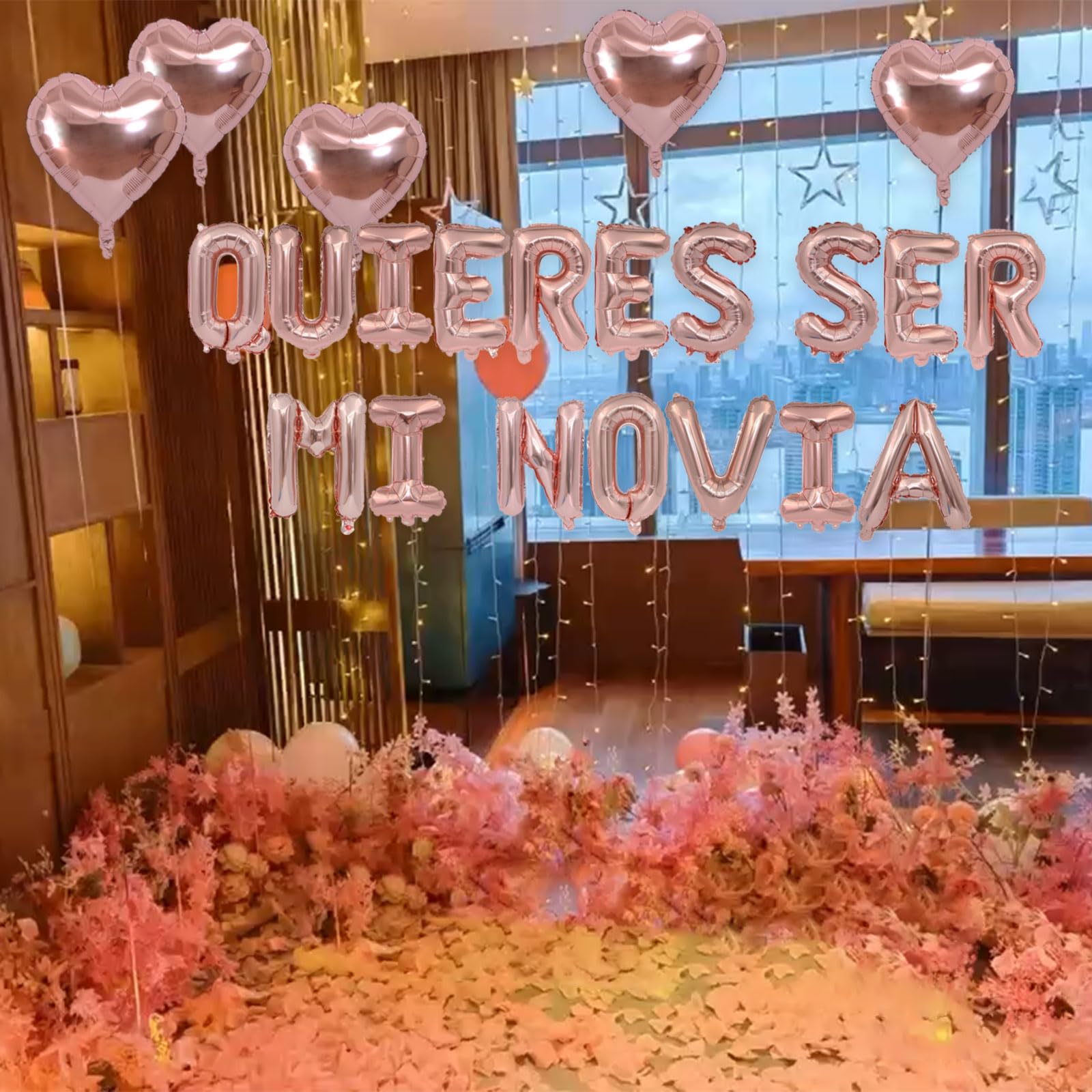 Fezava Will You Be My Girlfriend Balloons with Rose Gold Petals — 16\" Letter Balloons & 18\" Heart Balloons