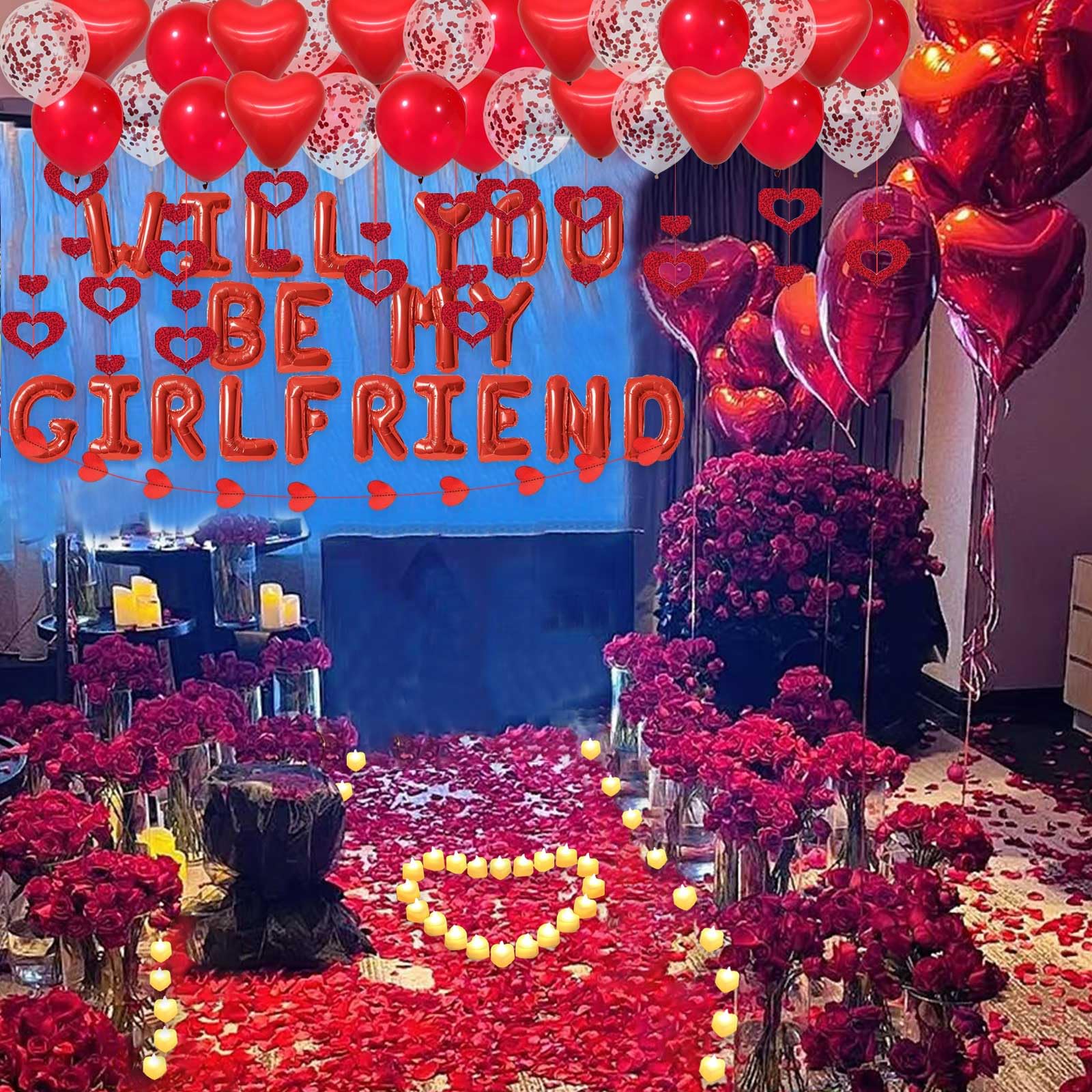 Fezava Red Will You Be My Girlfriend Balloons Pack – 2000 Rose Petals, 48 LED Tealights, 21 Letter Balloons, 18 Heart & Latex Balloons