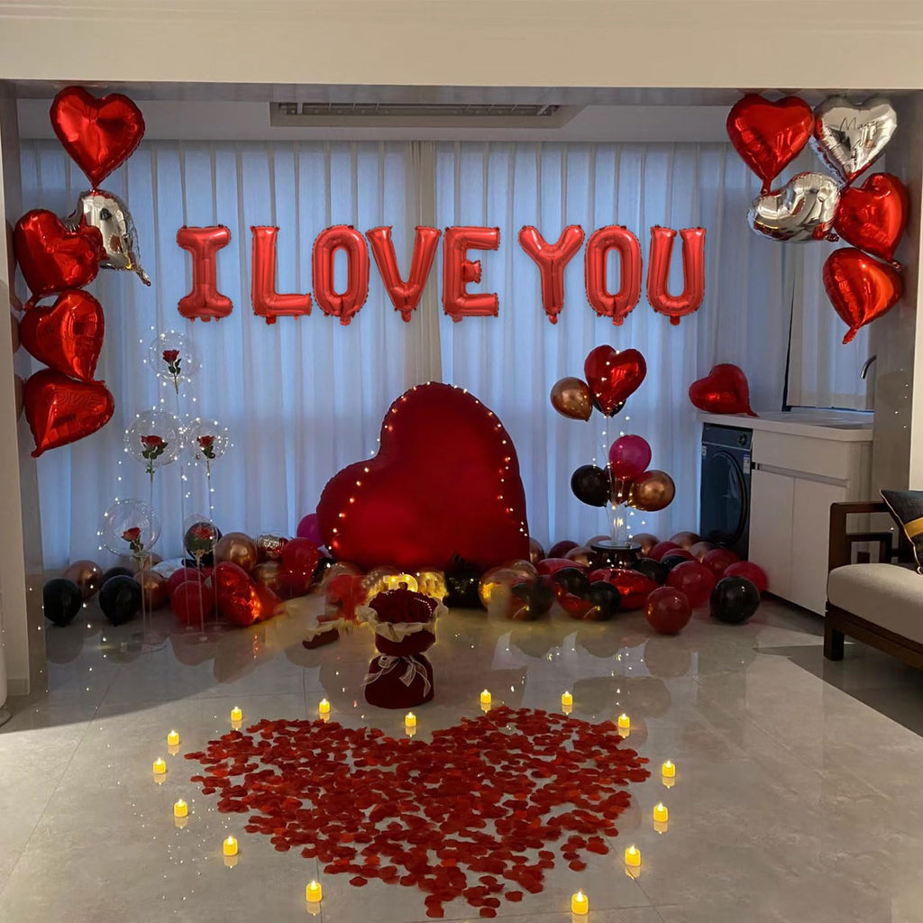 Fezava 2 Set Red I LOVE YOU Balloons – 16" Letter Balloons + 18" Heart Balloons + 1200 Rose Petals for Valentine’s Day Decor