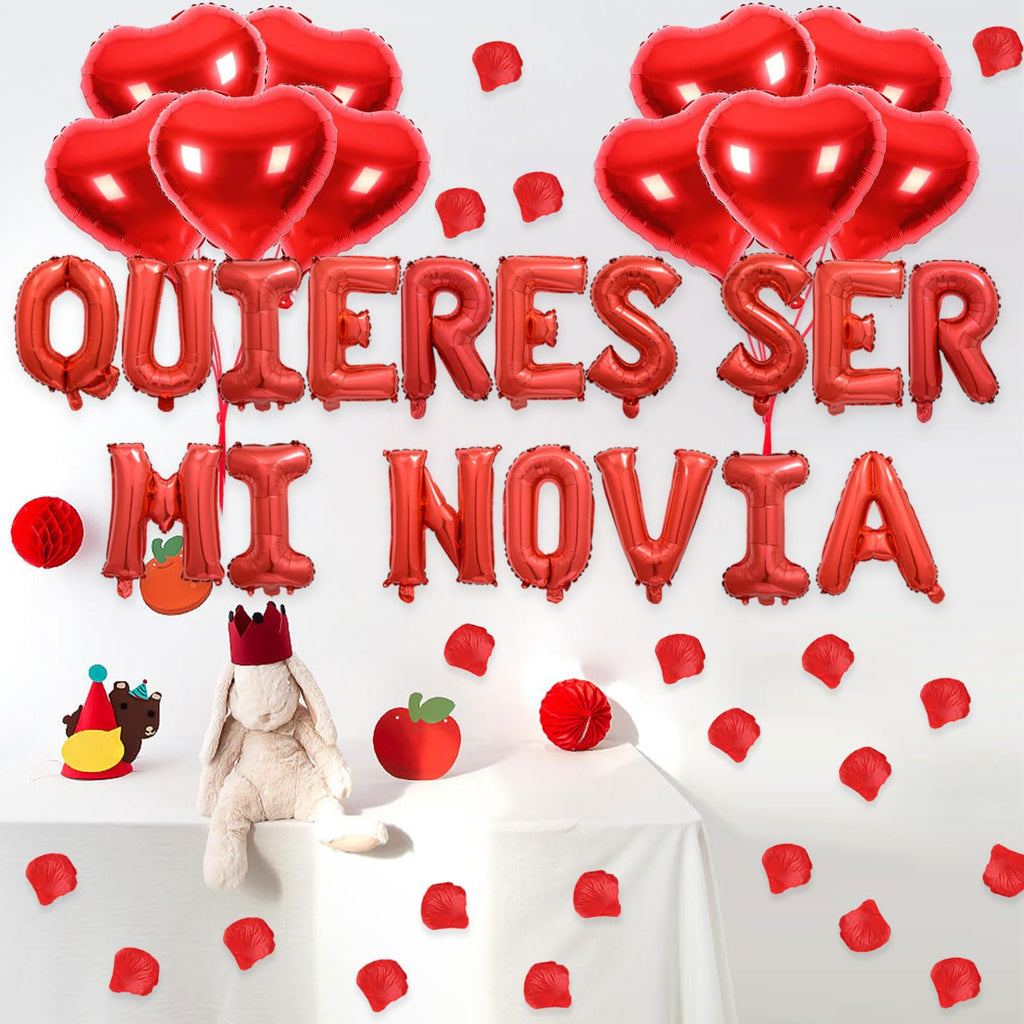 Fezava 2-Set Red QUIERES SER MI NOVIA Balloons + 1200 Rose Petals: 34 Letters + 10 Hearts